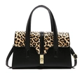Chic black lizard texture handbag with leopard print flap and gold metal twist lock - Black Leopard