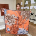 Elegant 90cm orange square scarf featuring European vintage architecture and floral prints - Style 7