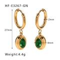 Golden titanium steel hoop earrings with heart-shaped emerald green zircon pendants - Dark Green Oval Stone Hoop Earrings(HF-E3267-GN)