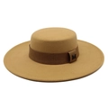 Elegant khaki wool felt flat top boater hat with M logo and brown ribbon band - M (56-58cm) / Camel