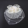 Elegant off-white bridal fascinator with mesh veil, feathers, and pearls on black backdrop - White