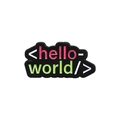 Enamel lapel pin featuring <hello-world/> text in pink and green on a black base - Hello World