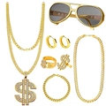 Golden hip hop accessory set with dollar sign necklaces, bracelets, rings and sunglasses - Hip Hop Style 7pcs Set