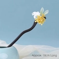 Épingle à cheveux en bois noir avec lapin blanc et fleurs pour chignons, longueur 18cm - Pic Lapin d'Osmanthus / Noir Blanc Jaune