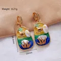 Vintage enamel floral earrings with birds and freshwater pearls in oval palace style - 【B-18】Deer and Wheat