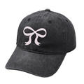 Vintage washed dark grey baseball cap with pink bow embroidery for women - M (56-58cm) / Black with White Bow
