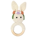 Handmade crochet bunny teether toy with floral crown and natural wooden ring - Floral Rabbit
