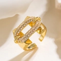 18K gold-plated irregular geometric open ring with H-link chain design and clear crystals - Adjustable Open / H-Shape Chain Style (14414)