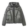 Metallic grey hooded puffer jacket with shiny fabric finish and short quilted design - XS / Gray