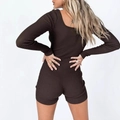Donkerbruine geribbelde yoga jumpsuit met lange mouwen, vierkante rug en elastisch breiwerk - S / Bruin