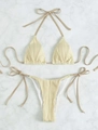 Bikini beige a coste con lacci marroni a contrasto su sfondo di marmo bianco - S / Top E Pantaloni / Giallo chiaro