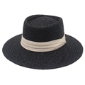 Detailed weave texture of a French style flat top straw hat with beige ribbon trim - Black Body + Beige Ribbon