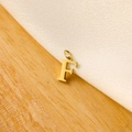 Close-up of a glossy gold letter F pendant on a minimalist wood and fabric background - 14k Letter - F (letter Height 1cm)