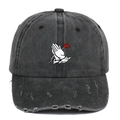 Vintage washed charcoal baseball cap with praying hands and rose embroidery detail - Distressed Black