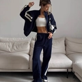 Navy blue two-piece tracksuit with white side stripes and zip-up jacket for women - S / Navy Blue