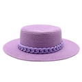 Flat top purple woven straw boater hat with stylish chunky chain band for summer beach - M (56-58cm) / Taro Purple