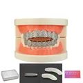 Silver hip hop teeth grillz set with cubic zirconia diamonds and tools in storage box - Silver Hollow Pave