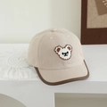 Beige cotton canvas kids baseball cap featuring cute bear embroidery and brown brim piping - 50-52cm (2-4 Years) / Little White Bear - Off White