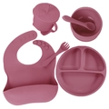 5-piece baby silicone feeding set in deep pink including bib, bowl, cup and cutlery - 6-Piece All-Silicone Set / Brick Red
