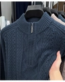 Men's navy blue half-zip cable knit sweater with textured standing collar and long sleeves - M / Blue
