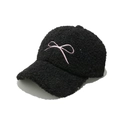 Women's black faux shearling baseball cap with pink bow embroidery on white background - M (56-58cm) / Black