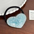 Blue woven heart hair tie with sparkling rhinestones on black elastic band - Hair Tie / Blue