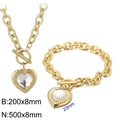 Golden heart jewelry set with clear crystals featuring OT clasp necklace and bracelet - Gold 2-Piece Set - Clear Gem (KS197632-Z)