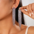 Boucles d'oreilles géométriques carrées élégantes avec de longs glands en strass brillants - Violet - Longue Frange