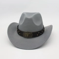 Detail of grey western cowboy hat with brown leather band and bronze bull skull buckle - One Size / Gray (Rivet Bull Head)