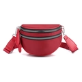 Red crossbody half-moon bag with double silver zippers and a wide shoulder strap - Red