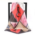 Silky satin square scarf featuring multi-color equestrian horse print and heart emblem - Geometric Steed Watermelon Red (SD90-21-4)