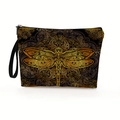 Elegante borsa trucco nera con libellula, motivo mandala dorato e cinturino da polso - Motivo Libellula / 17x25cm (Lino Fine) con Cinghia
