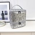 Silver double-layer nail polish storage bag with black geometric triangle patterns - Silver Stripe