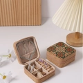 Portable wooden jewelry box with vintage tile pattern and organized inner storage - 10*10*5cm / Vintage Wood Grain [Four-leaf Clover]