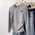 Grey long sleeve T-shirt with black bow embroidery and side drawstring detail - S / Gray