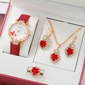 Women's gold and red heart-themed watch set including necklace, earrings, and ring - Red Watch Set (picture Box)