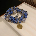 Multilayer beaded bracelet with blue matte beads and a golden engraved heart charm - Blue Heart Multi-Layer Stacking Bracelet Set (77# Bracelet - Blue - Heart)