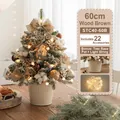 60cm flocked mini Christmas tree in white metal pot with warm LED lights and pinecones - 60CM Wood Coffee Snow Tree (Iron Bucket)