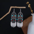 Detail of bohemian drop earrings with colorful enamel, metal feathers on a dry branch - Red Green Blue Floral Feather Style (E6136-3)