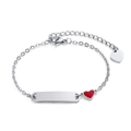 Customizable silver stainless steel ID bracelet with a red enamel heart charm for women - 12+5cm Adjustable / Silver