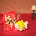 Yellow and white koi fish keychain with golden ring and Year of Fish red card - Blessing Goldfish Keychain / Solid Yellow