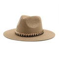 Handmade straw Panama hat for men featuring a stylish gold chain decoration on wide brim - Adjustable / Khaki