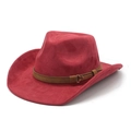 Detailed top view of a red suede western cowboy hat with a brown leather decorative band - M(56-59CM) / Wine Red (Suede)