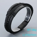 Bracciale multistrato da uomo in pelle nera intrecciata con chiusura magnetica e perle - Nero