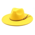 Detailed close-up of yellow wool fedora hat with brown braided leather band and tassels - M (56-58cm) / Yellow