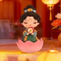 Chibi ancient Chinese lady figurine in green and orange dress on pink lotus base - Muyun Maiden Figurine
