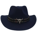 Vintage western cowboy hat in navy felt with ethnic band and silver bull skull ornament - Adult (57-60cm) / Navy Blue (Bull Head + Colorful Band)