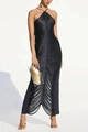 Close-up of black halter dress featuring full-length fringe details and slim-fit maxi silhouette - S / Black