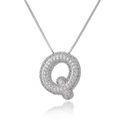 Macro detail of silver letter Q pendant with pavé cubic zirconia on a box chain - Letter Q