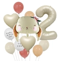 Gedetailleerde verjaardagsballon-set met konijnenhoofd, hart en beige ballon nummer 2 - Konijn en Nummer 2